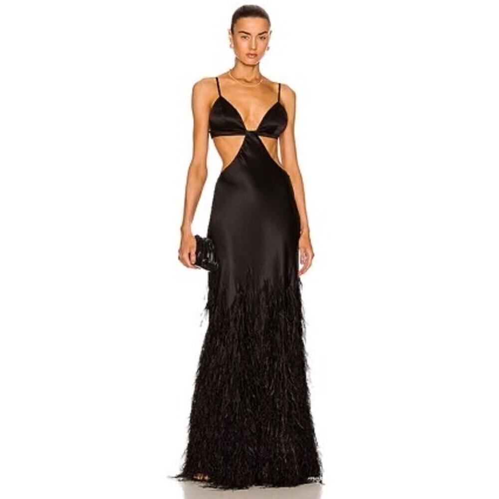 Cult Gaia Raisa Ostrich Feather Trimmed Silk Gown Black M